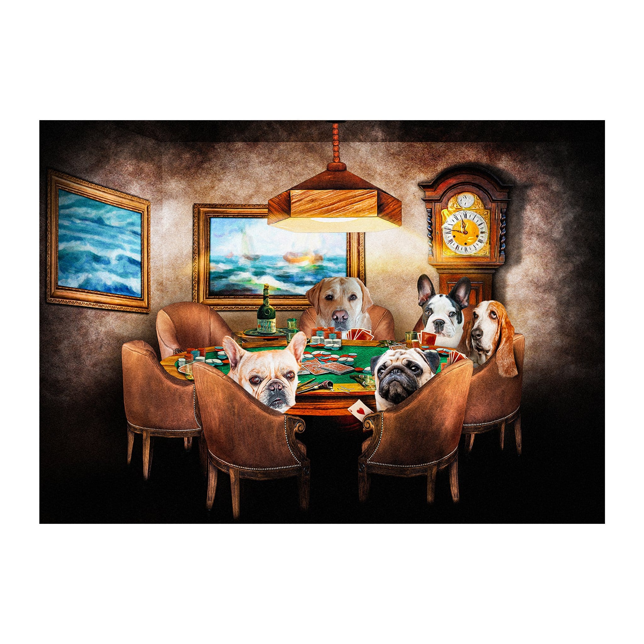Personalized digital portrait of five pets as poker players in a renaissance style.