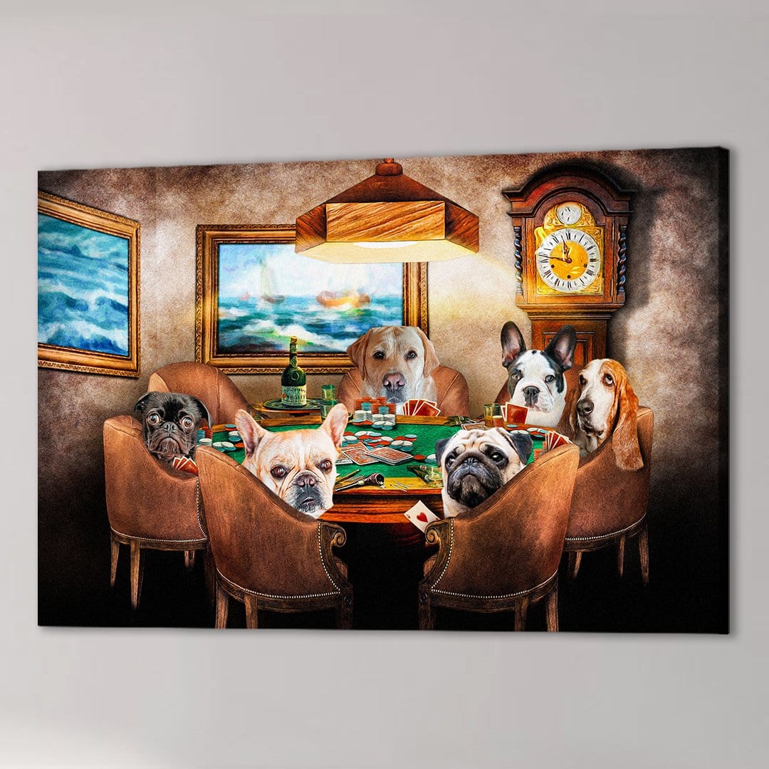 Personalized canvas print depicting six dogs playing poker around a green table under a lamp.