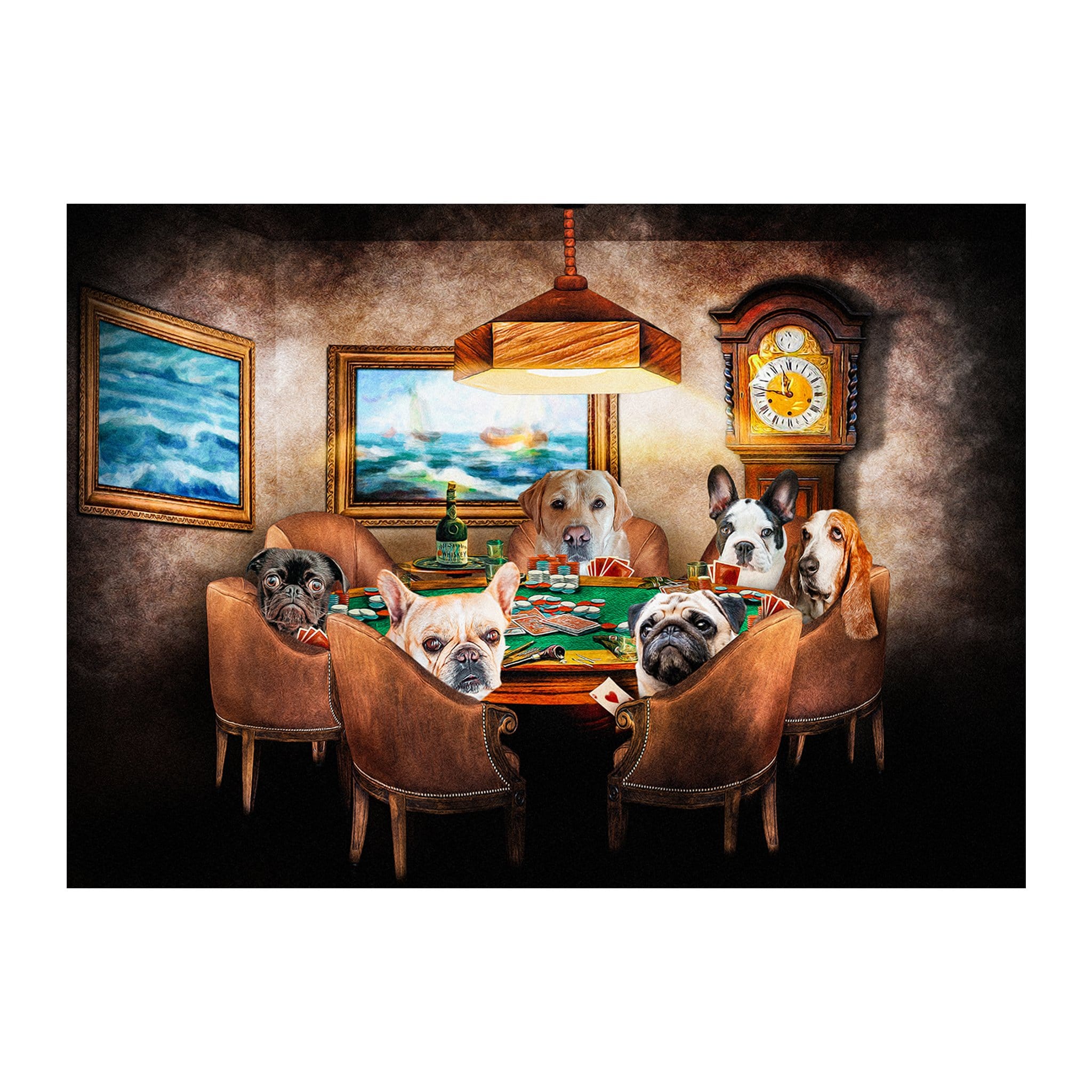 Custom digital portrait of six pets playing poker in a renaissance style.