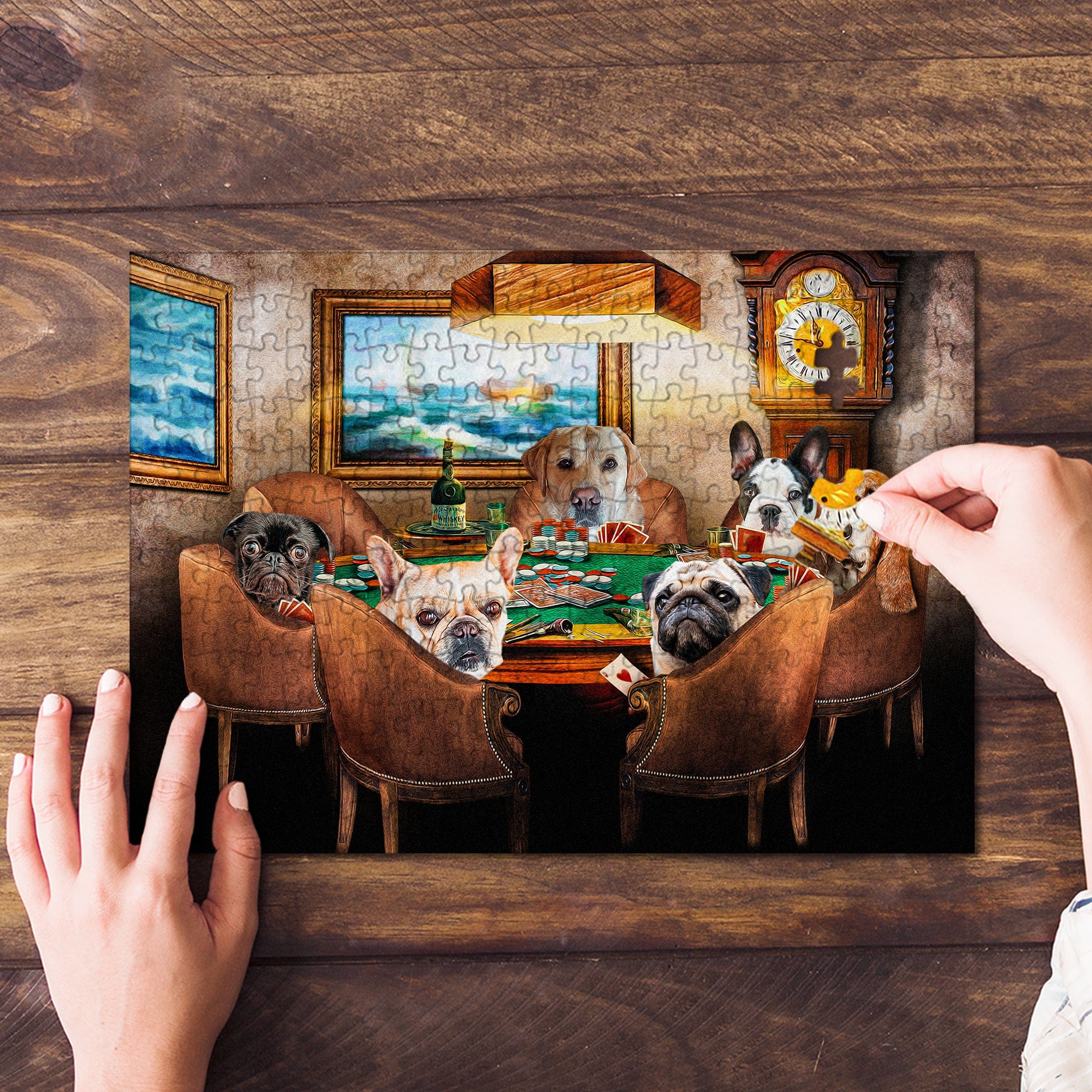 Personalized 'Poker Players' pet portrait puzzle featuring six dogs, partially assembled on a wood table.