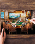 Personalized 'Poker Players' pet portrait puzzle featuring six dogs, partially assembled on a wood table.