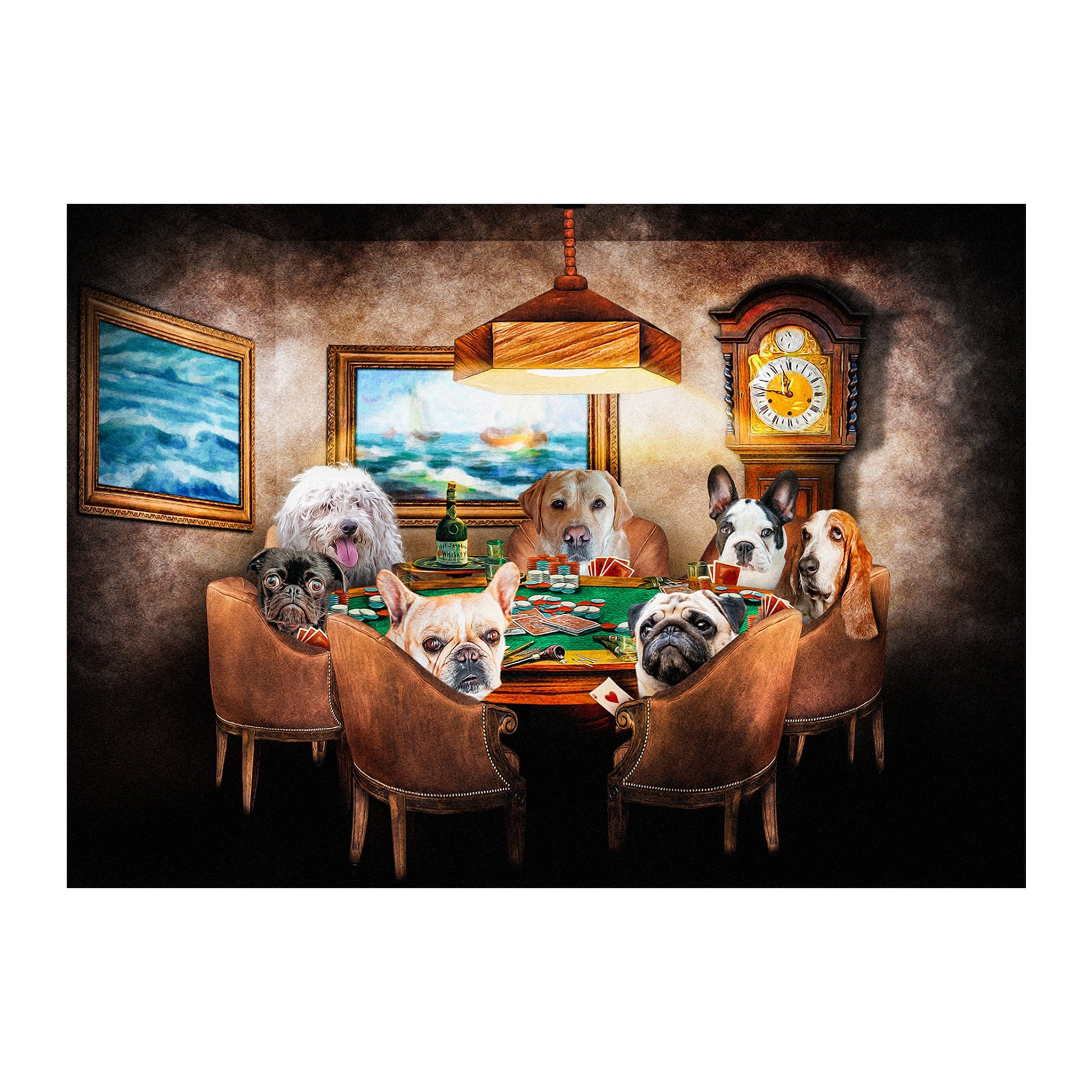 Personalized digital portrait of seven pets as poker players in a classic art style.