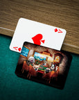Personalized playing cards featuring a custom pet portrait of dogs playing poker, on a green felt table.