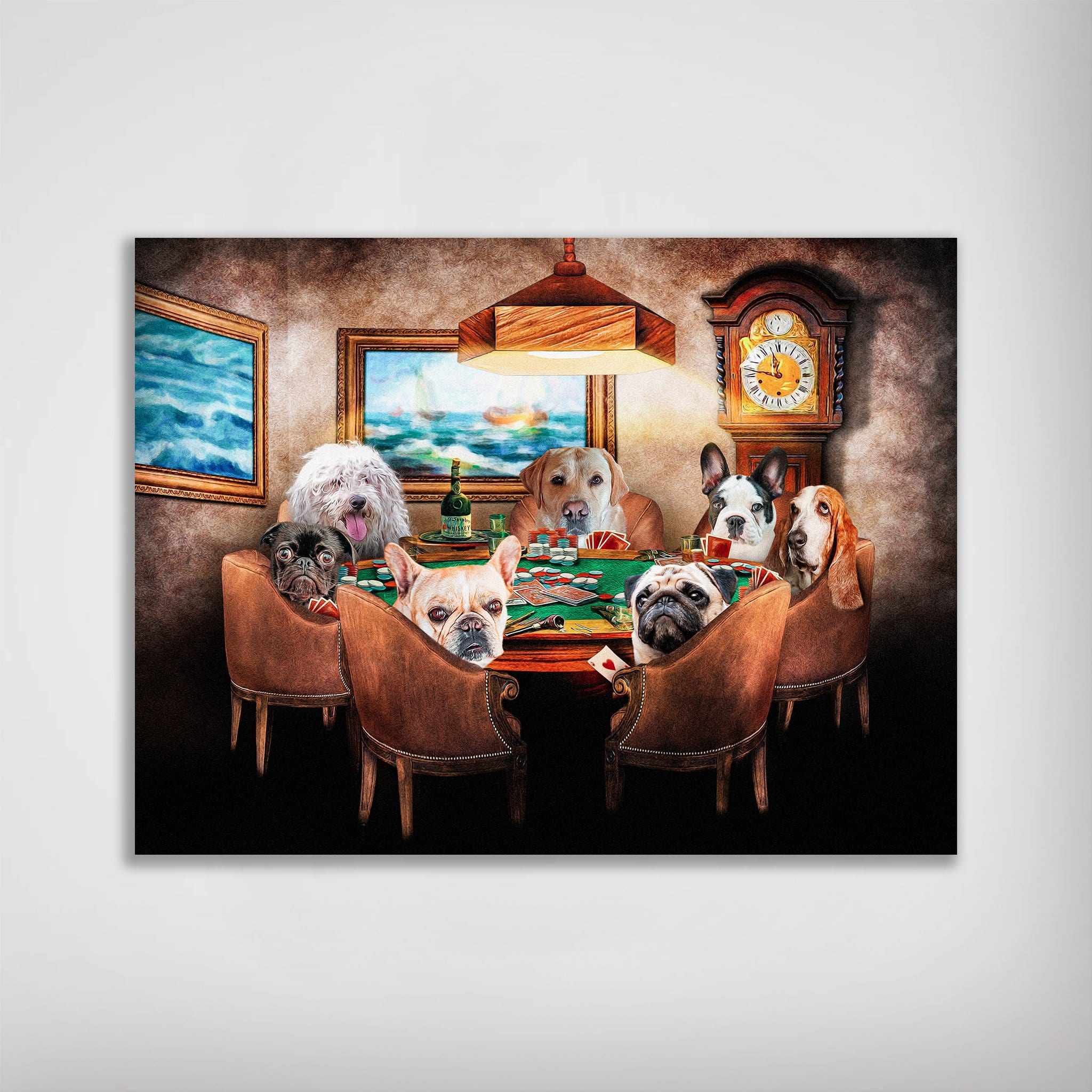 Personalized matte poster featuring seven pets as poker players in a classic art style.