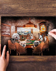 Custom personalized puzzle featuring seven dogs playing poker in a renaissance style.