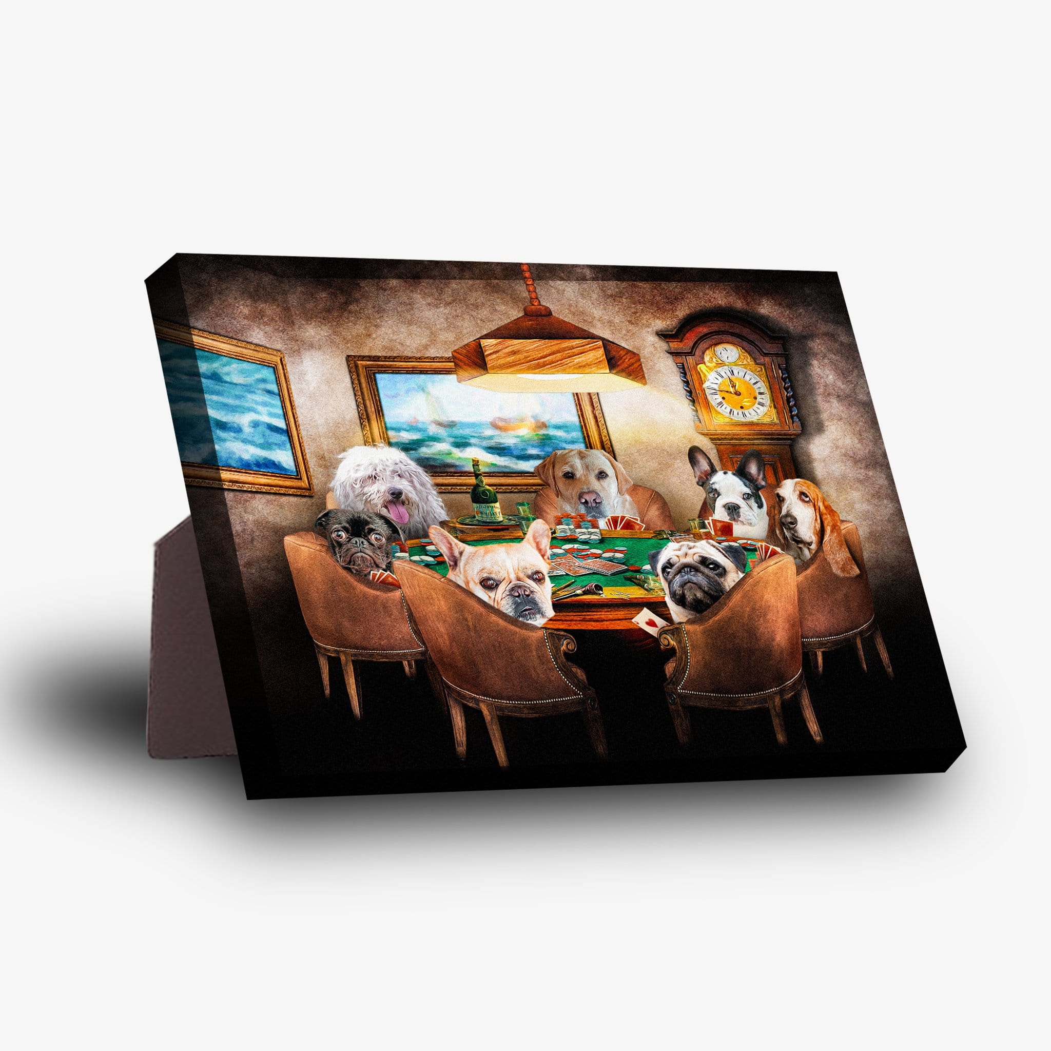 Personalized 7-pet 'Poker Players' standing canvas art featuring dogs playing poker in a rustic room.