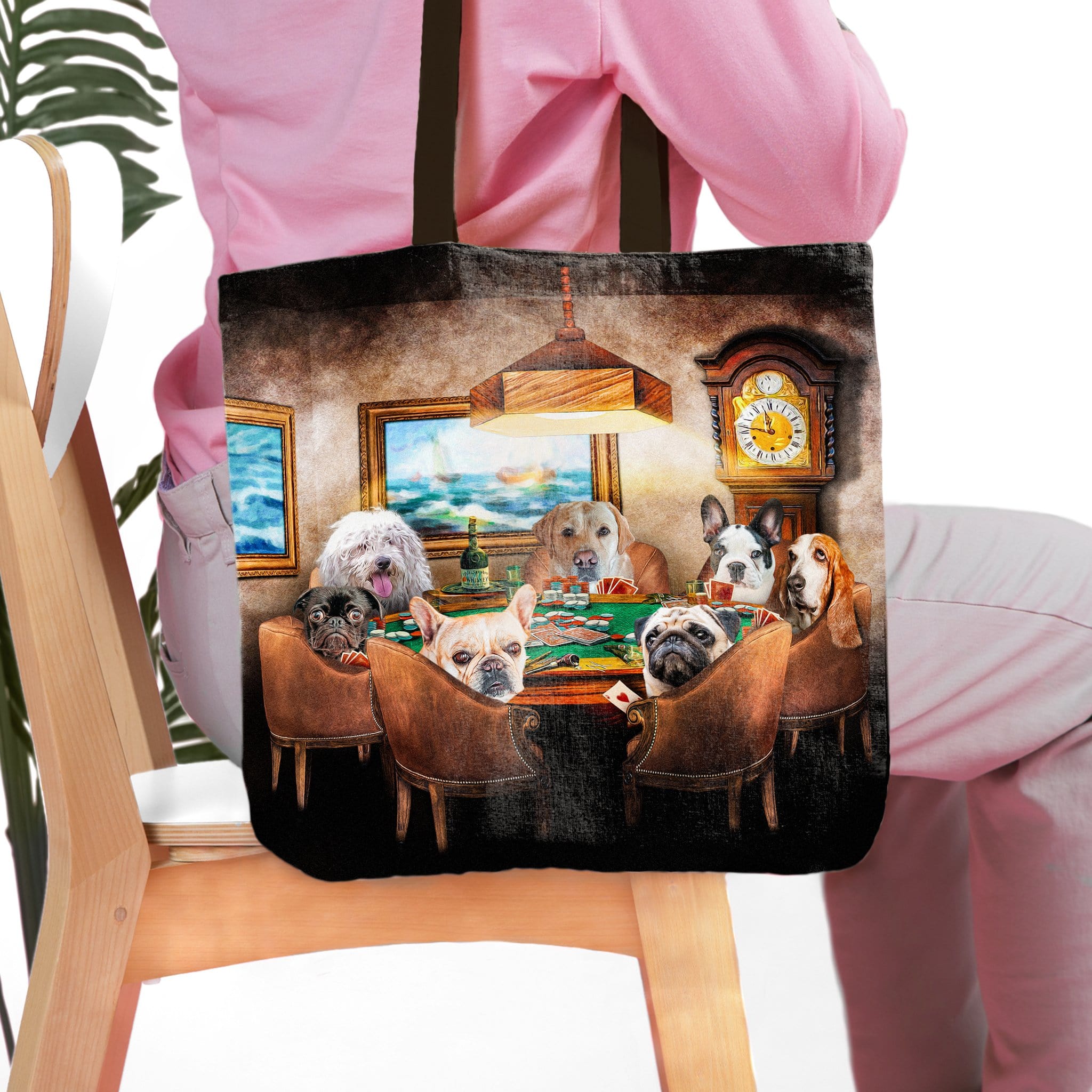 Personalized pet portrait tote bag featuring seven dogs playing poker in a renaissance style.