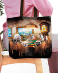 Personalized pet portrait tote bag featuring seven dogs playing poker in a renaissance style.