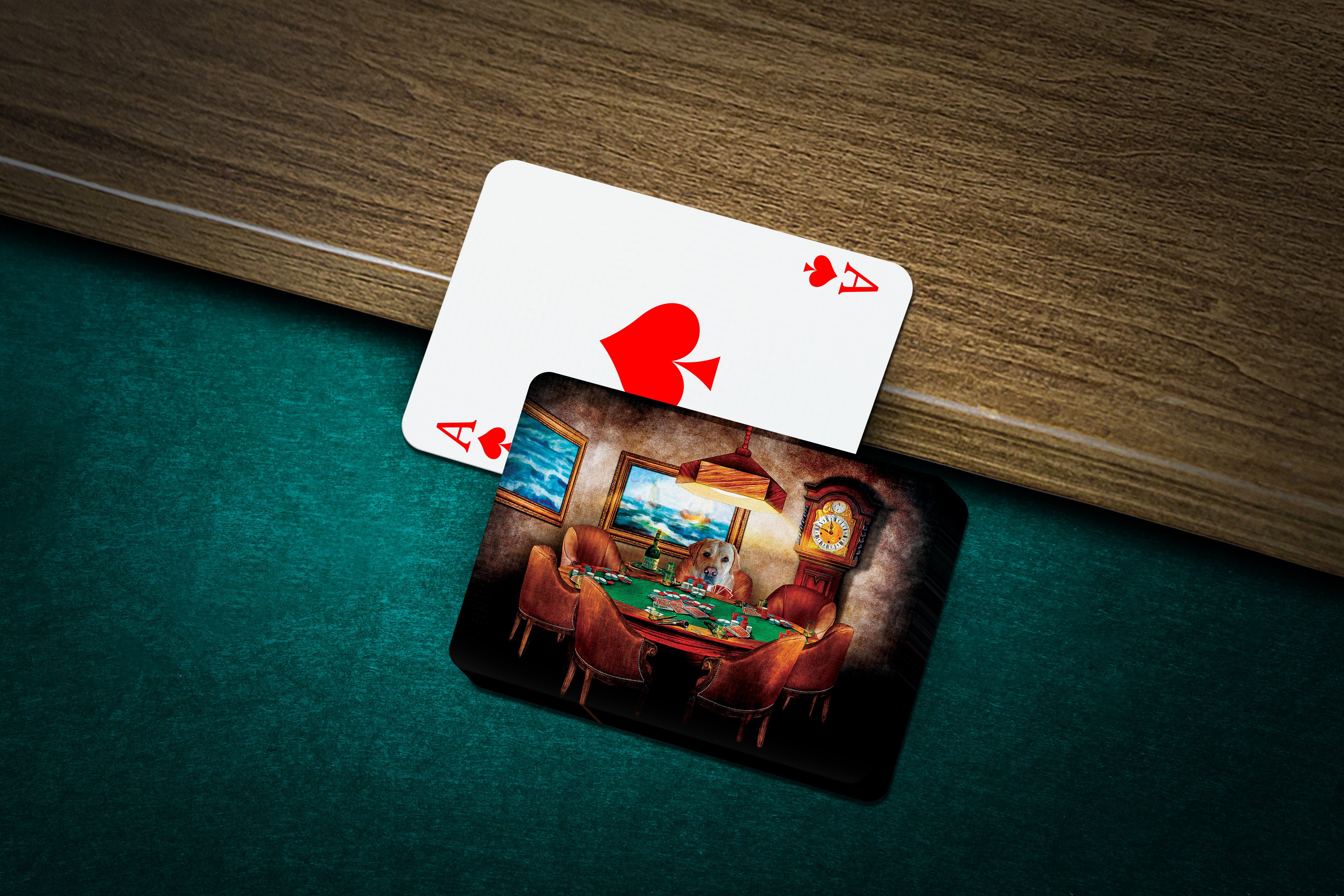 Personalized pet playing cards featuring a dog in a poker scene, next to an Ace of Spades.