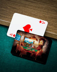 Personalized pet playing cards featuring a dog in a poker scene, next to an Ace of Spades.