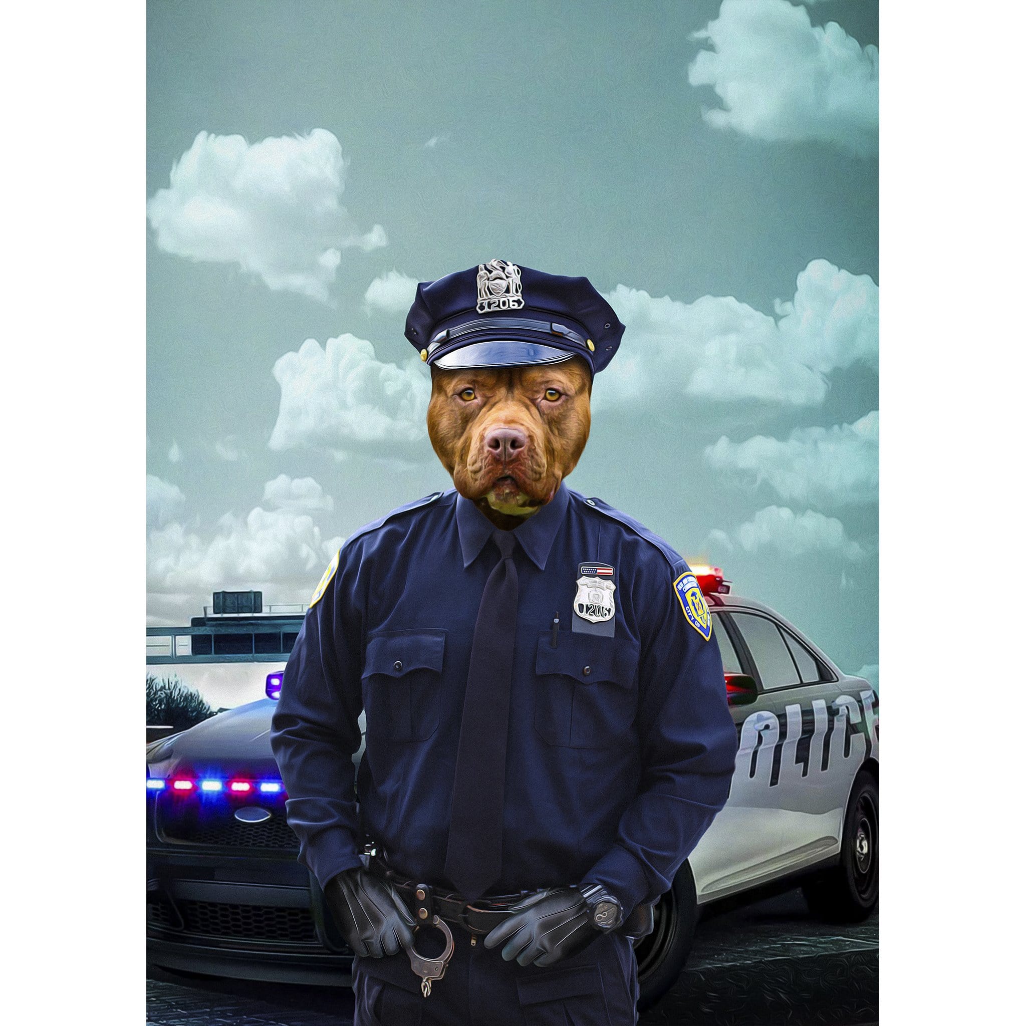 Custom digital portrait of a pit bull dog dressed as a police officer in uniform with a patrol car.