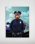 Personalized matte poster featuring a pit bull's head on a police officer's body, standing in front of a patrol car.