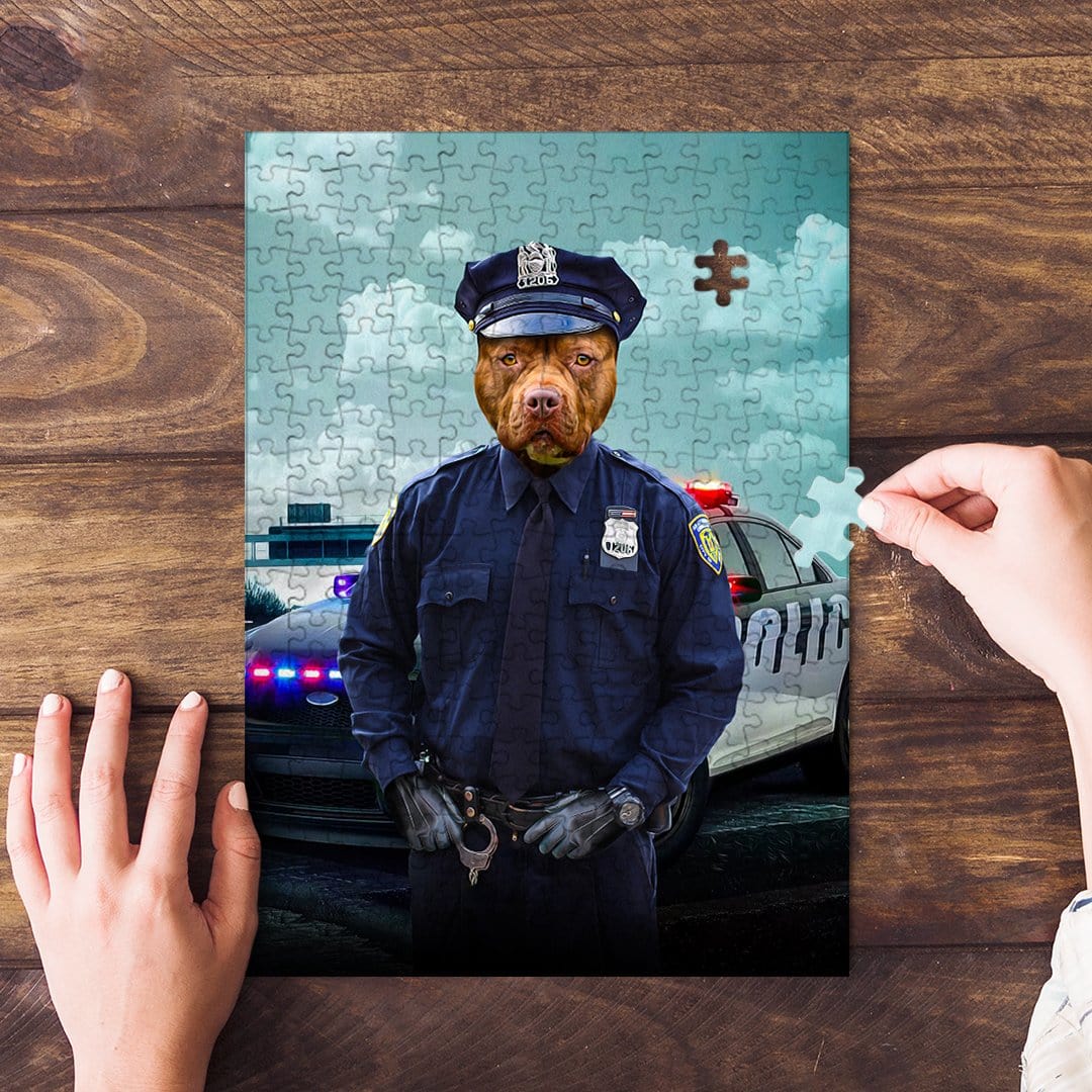 Personalized pet puzzle featuring a pit bull dog in a police officer uniform, with hands assembling it.