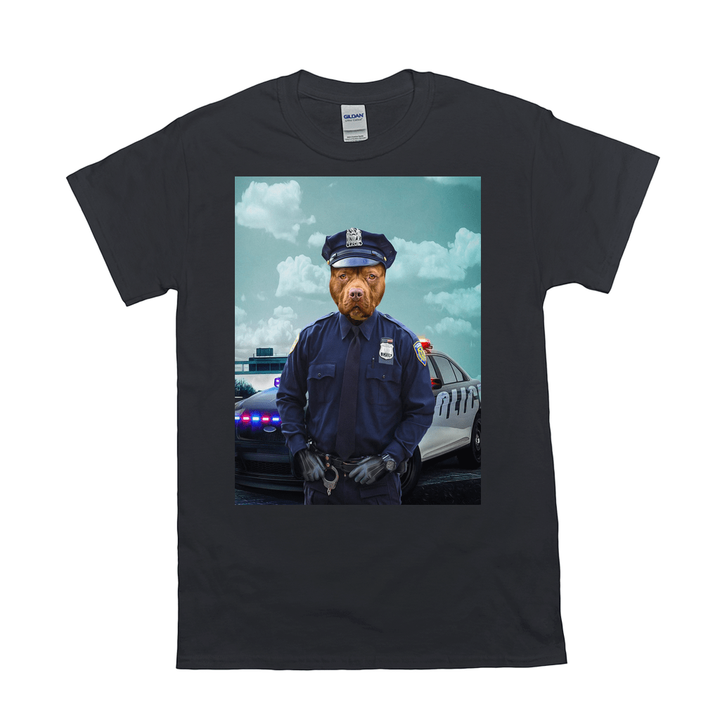 Black Gildan t-shirt with a personalized pit bull police officer design, standing by a patrol car.