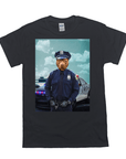 Black Gildan t-shirt with a personalized pit bull police officer design, standing by a patrol car.