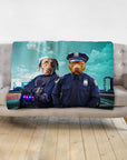Custom personalized 2-pet blanket featuring dogs in police officer portraits on a blue cityscape background.