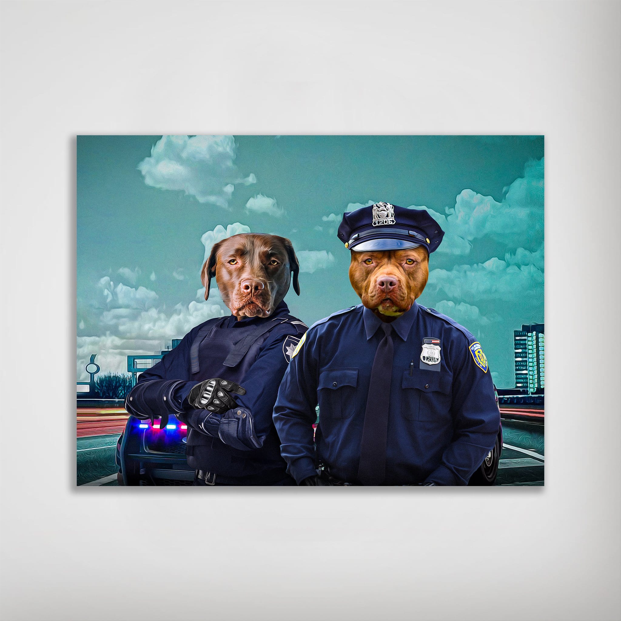 Personalized matte poster featuring two pets as police officers in blue uniforms, with a patrol car.