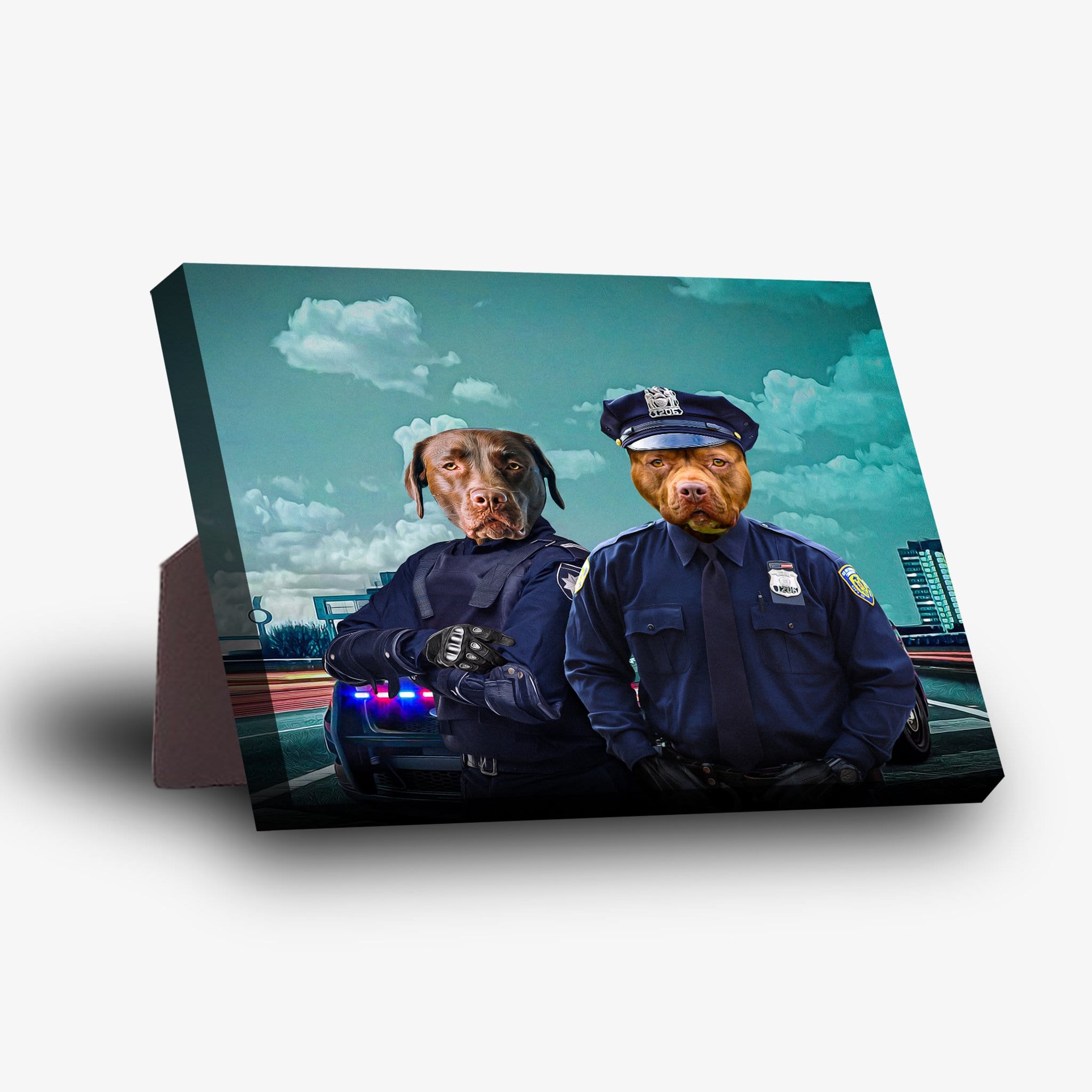 Personalized 2-pet standing canvas featuring dogs dressed as police officers against a city backdrop.