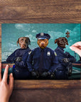 Personalized 3-pet puzzle featuring dogs dressed as police officers, with a hand placing a piece.