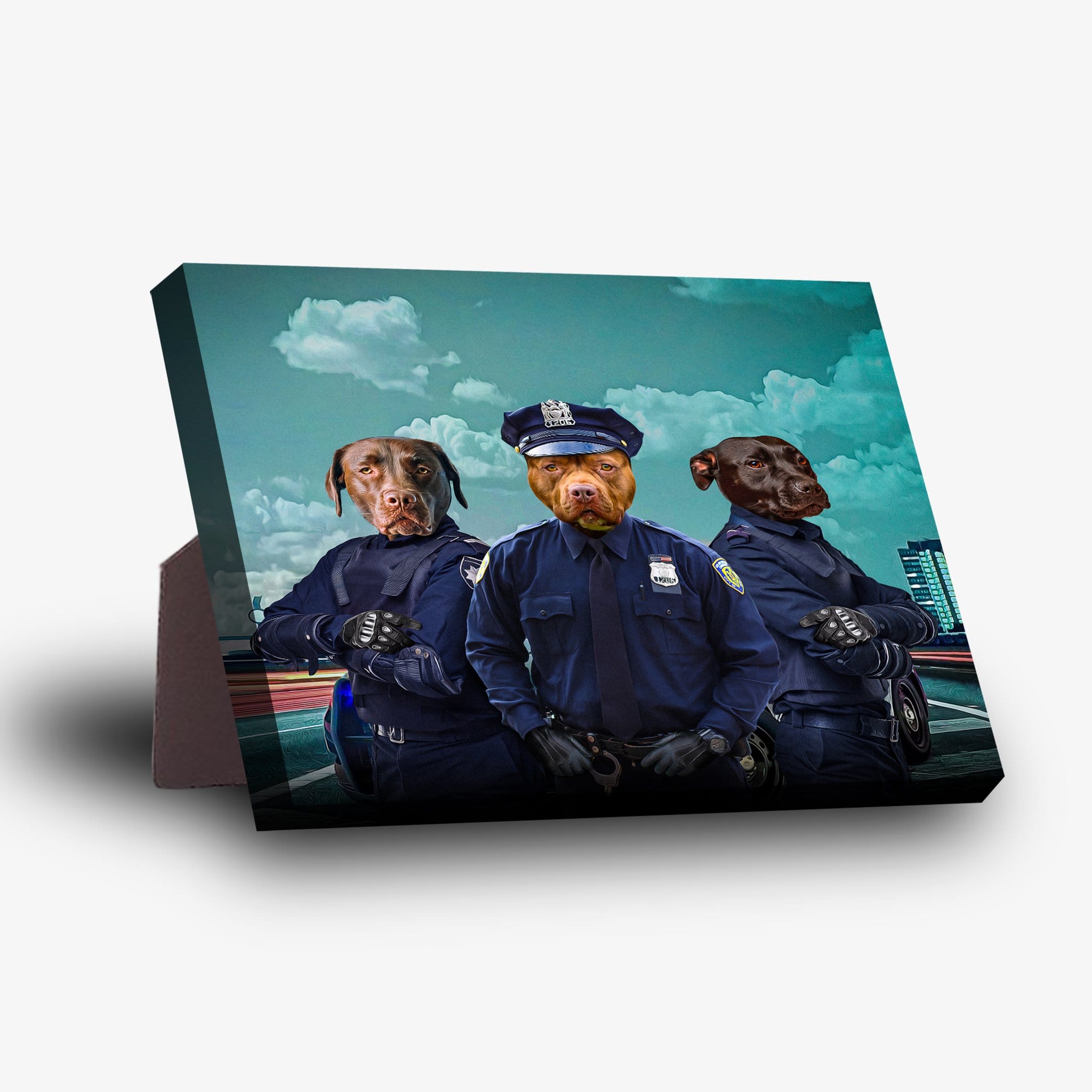 Personalized 3-pet standing canvas featuring dogs in police officer uniforms against a city backdrop.