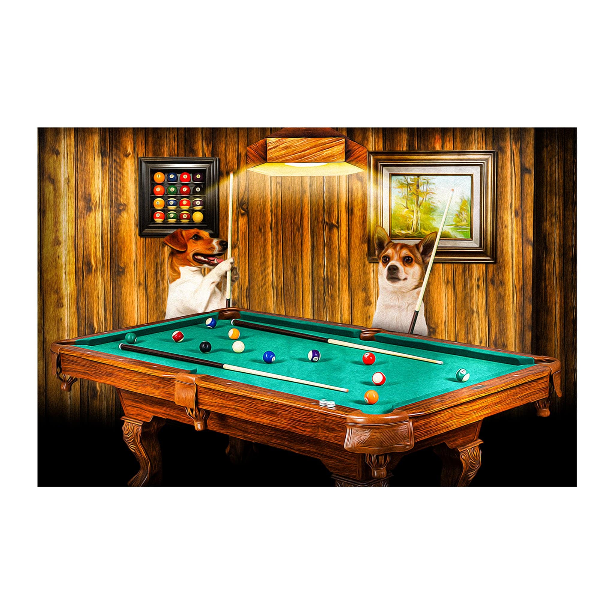 Custom digital portrait of two pets playing pool in a rustic room with a green billiard table.