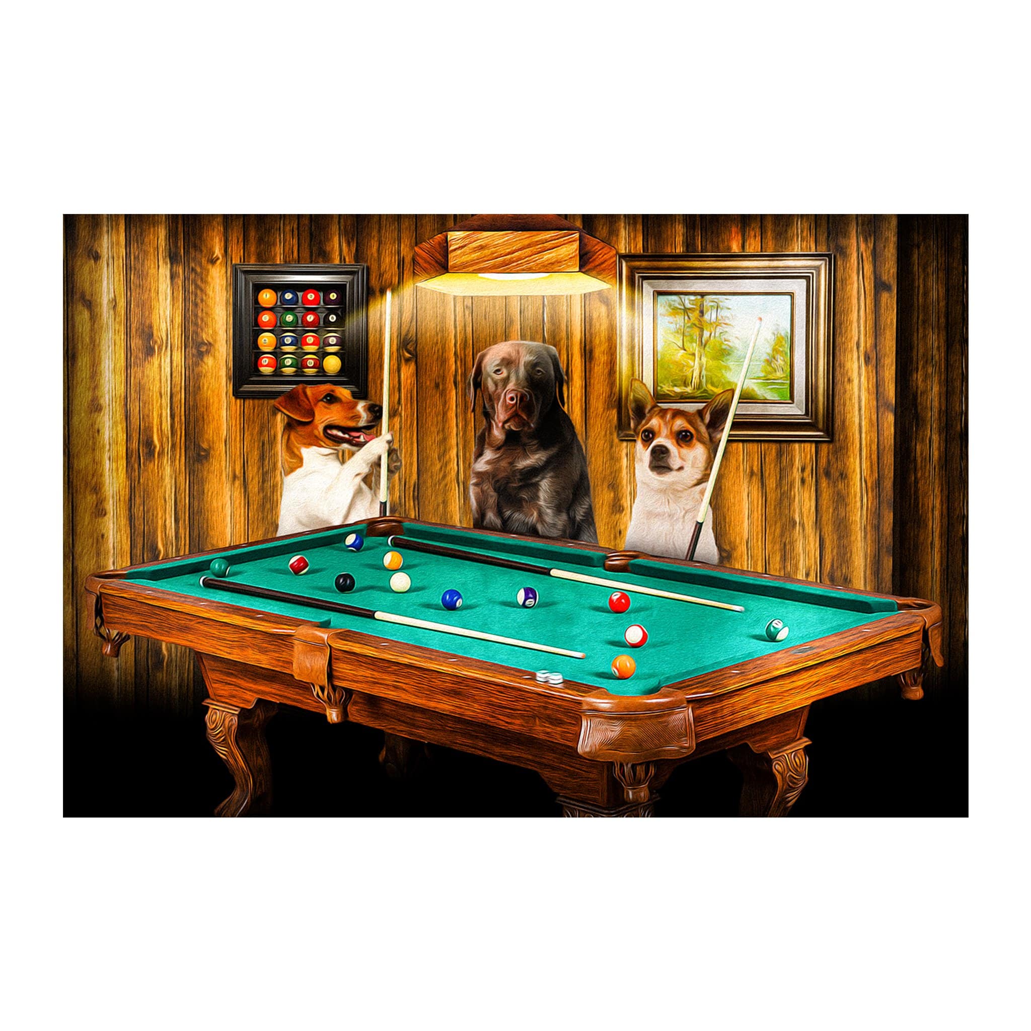 Custom digital portrait of three dogs playing pool in a rustic room.