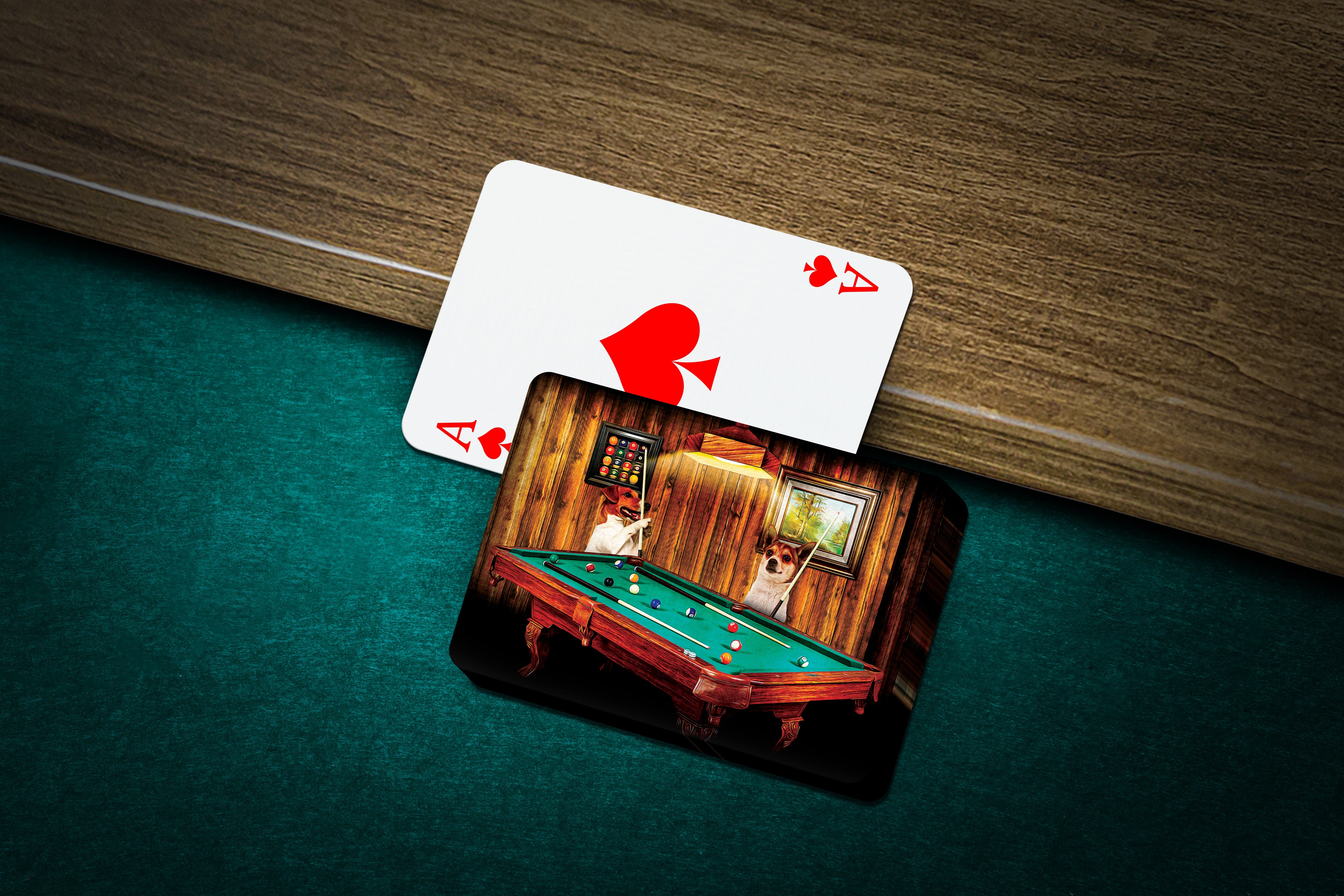 Personalized playing cards featuring two dogs playing pool in a custom renaissance portrait style.