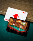 Personalized playing cards featuring two dogs playing pool in a custom renaissance portrait style.
