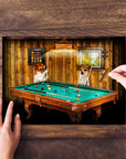 Personalized 2-pet puzzle featuring dogs playing pool in a custom renaissance style.