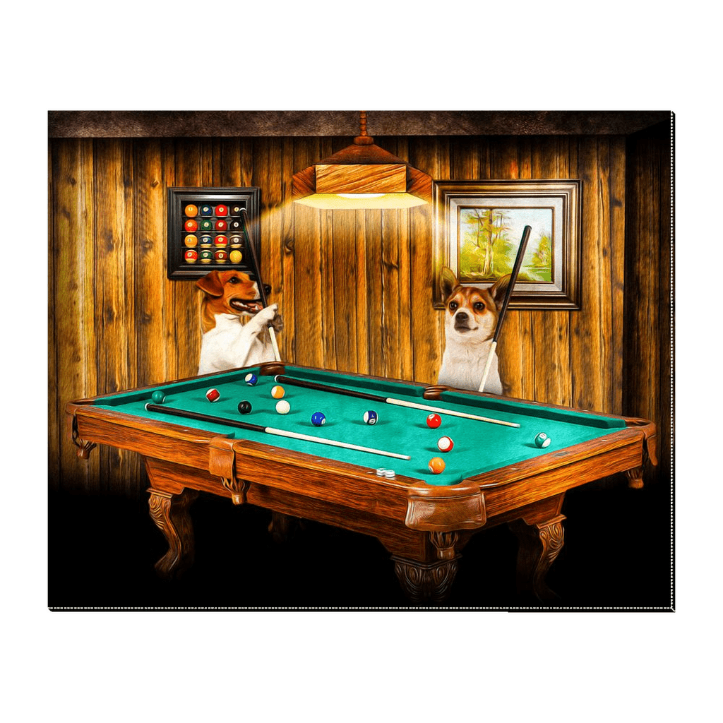 Two dogs playing pool on a personalized standing canvas, featuring a green table and wood-paneled room.