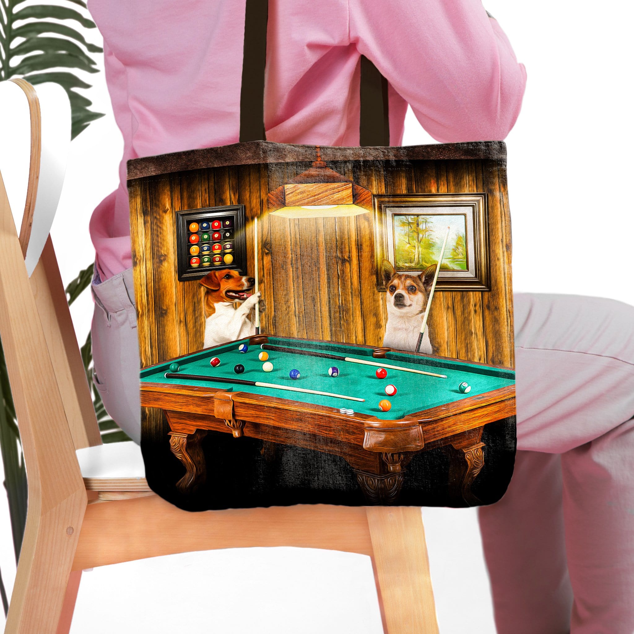 Personalized 2-pet tote bag with dogs playing pool in a custom portrait style.