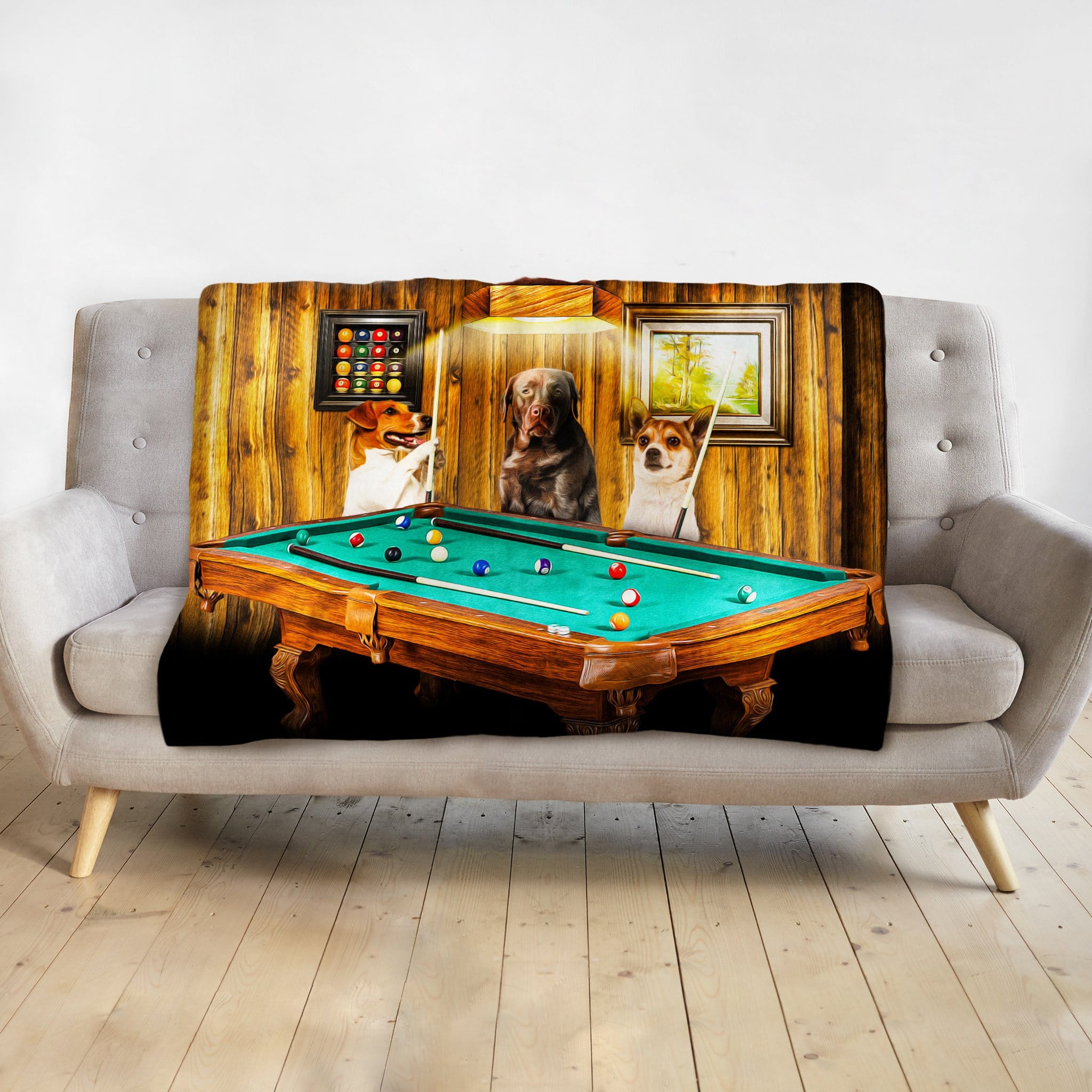 Personalized 3-pet blanket with dogs playing pool in a renaissance style.