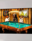Personalized 3-pet canvas featuring dogs playing pool on a green felt table in a rustic room.