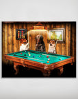 Personalized matte poster featuring three pets playing pool in a rustic, wood-paneled room.