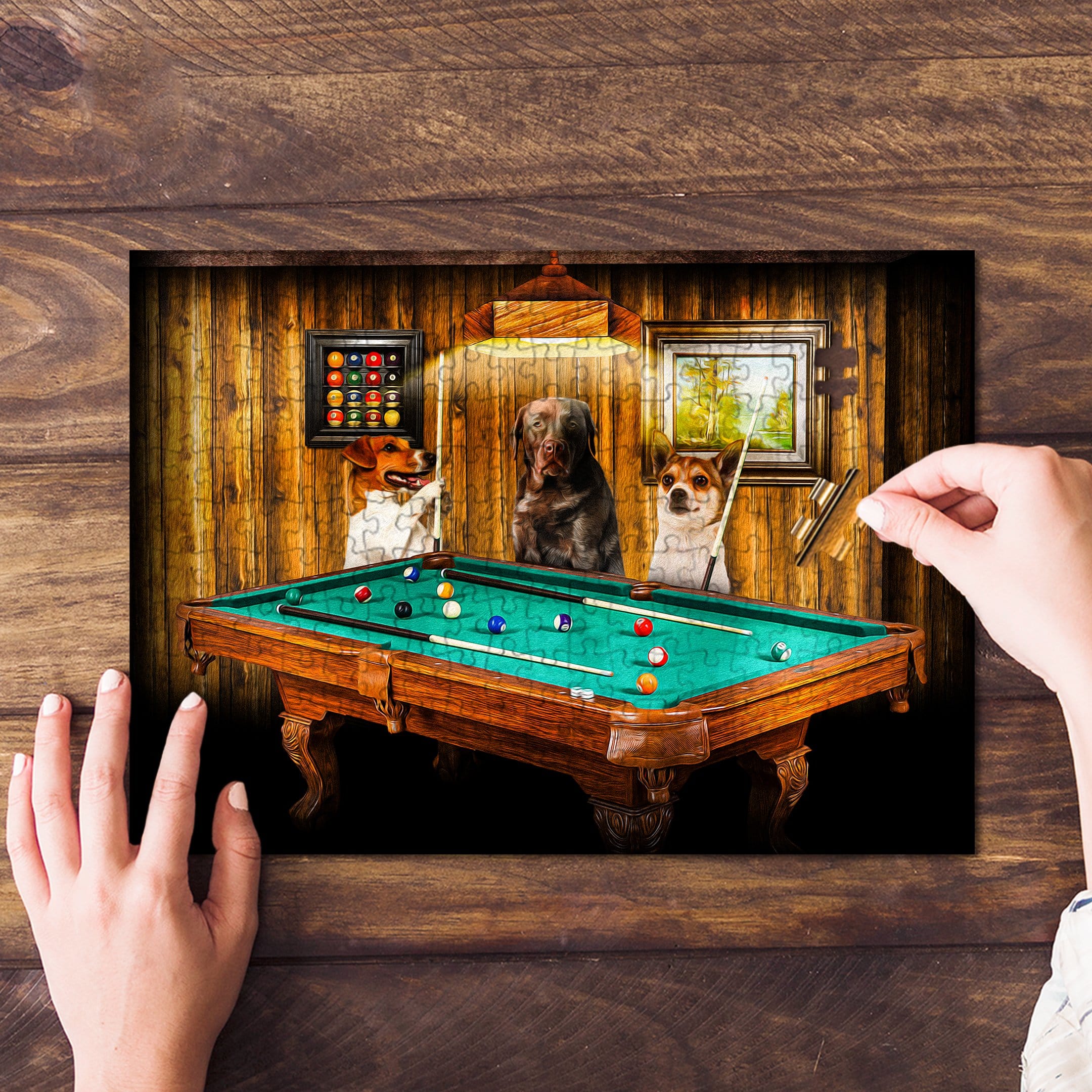 Personalized 3-pet puzzle featuring dogs playing pool in a custom renaissance style.