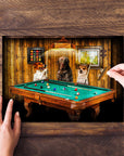 Personalized 3-pet puzzle featuring dogs playing pool in a custom renaissance style.