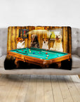 Personalized 4-pet blanket featuring dogs playing pool in a custom renaissance-style portrait.