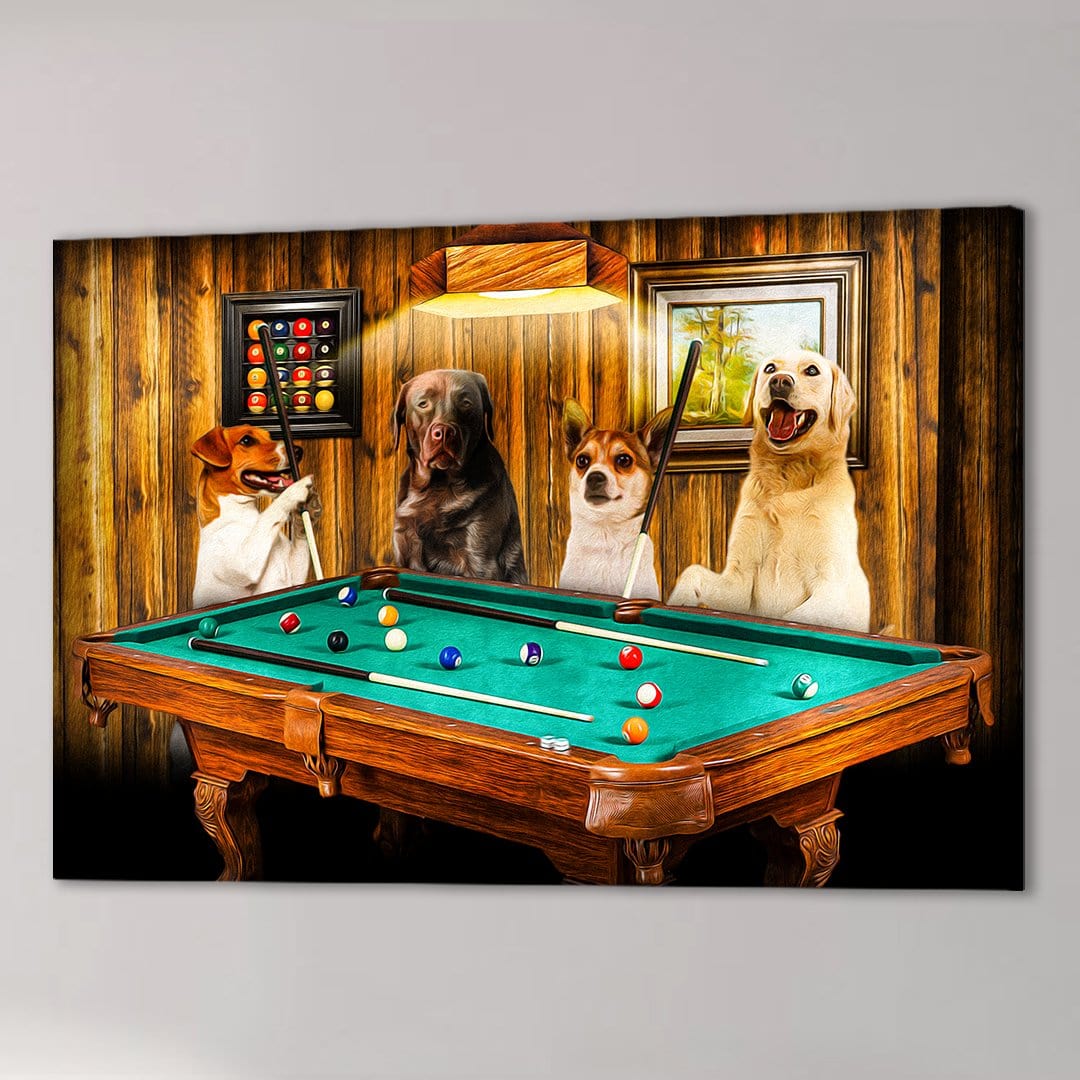 Four personalized pets, including dogs, playing pool on a green felt table in a rustic, wood-paneled room.