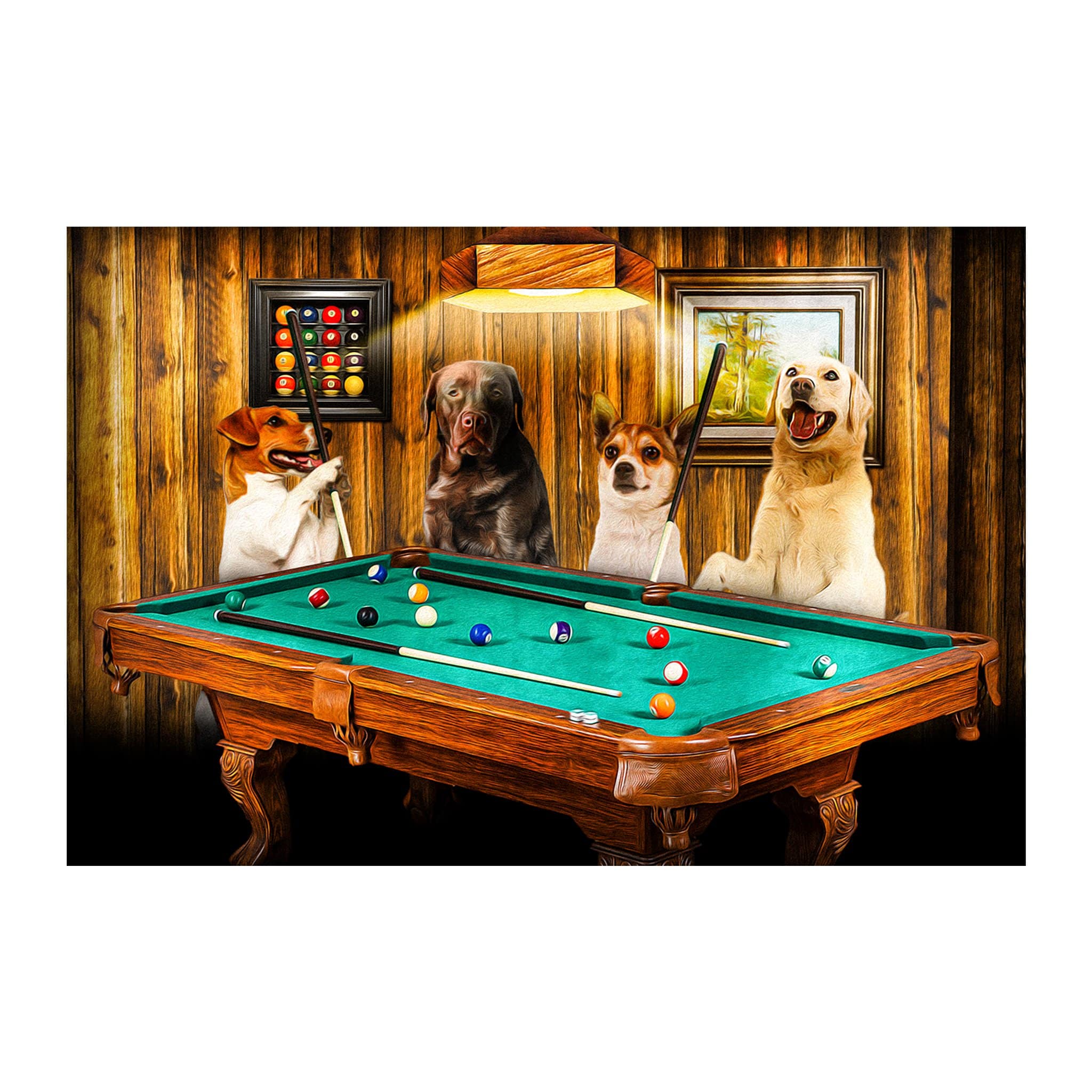 Custom digital portrait of four pets as pool players in a rustic billiard room.