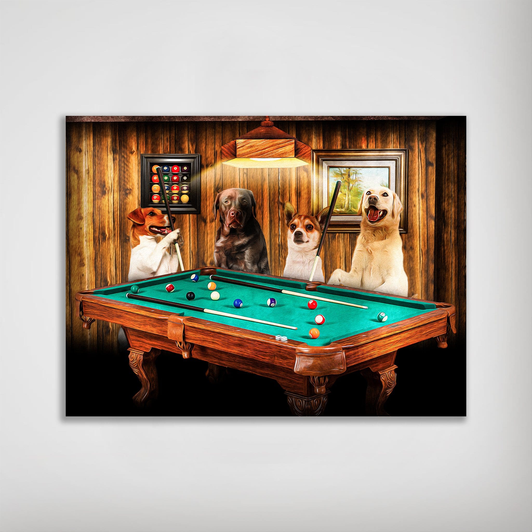 Personalized "The Pool Players" poster featuring four dogs playing billiards in a rustic room.