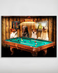 Personalized "The Pool Players" poster featuring four dogs playing billiards in a rustic room.