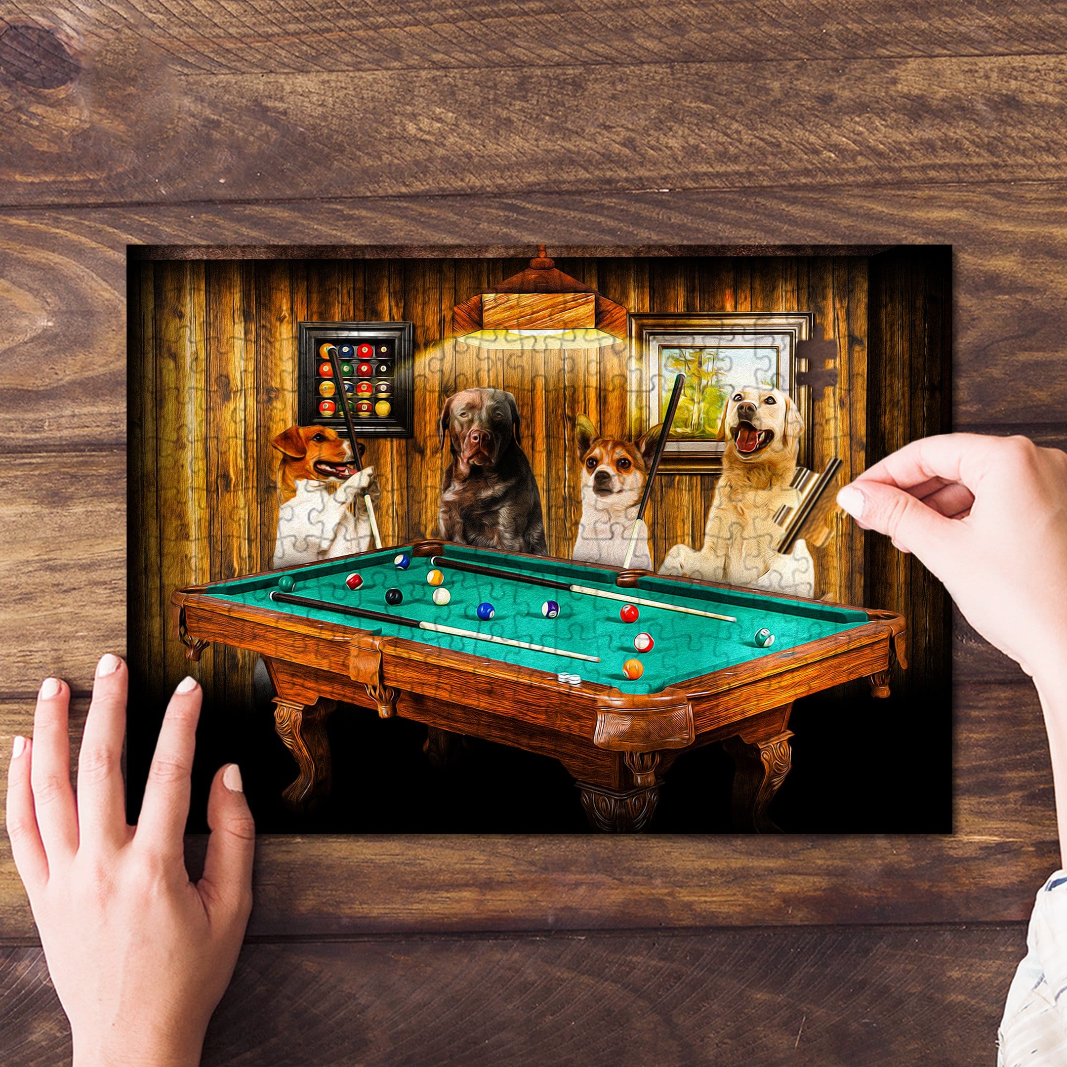 Personalized 4-pet puzzle featuring dogs playing pool in a custom renaissance-style portrait.