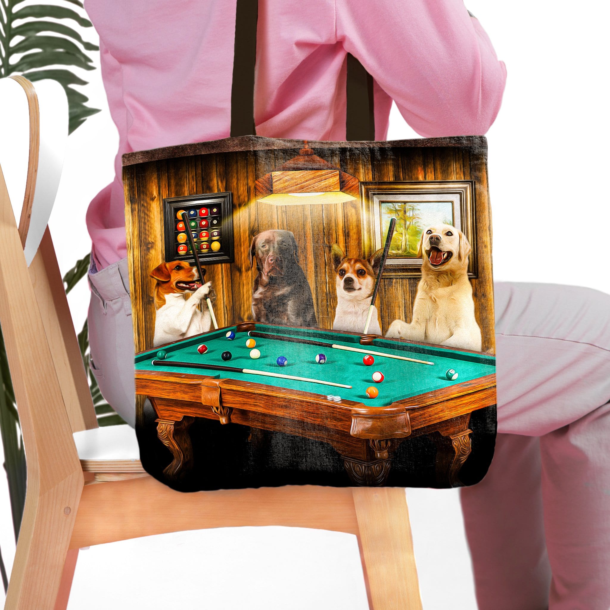 Personalized 4-pet tote bag with dogs playing pool in a custom renaissance portrait style.