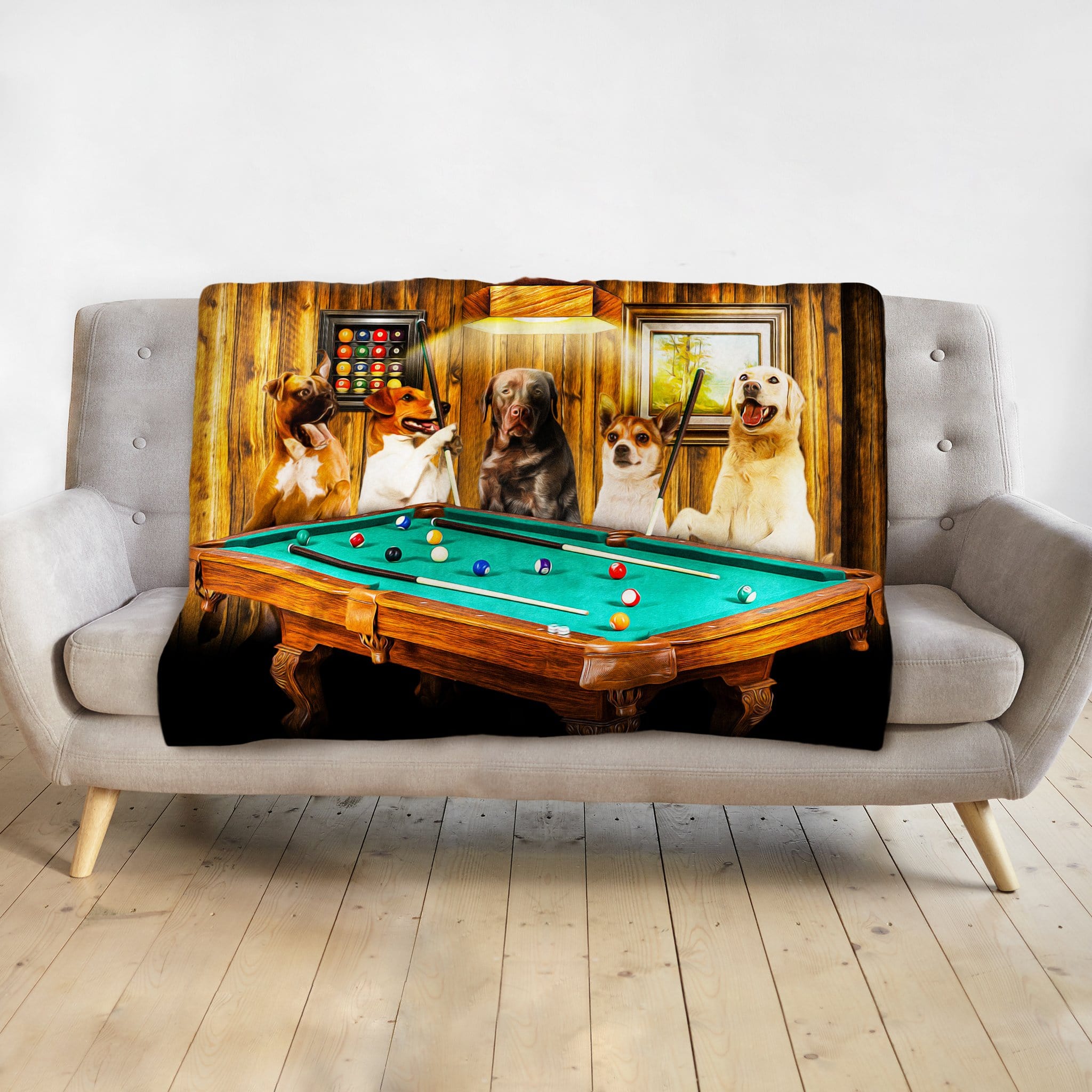 Custom personalized blanket featuring five dogs playing pool in a renaissance-style portrait.