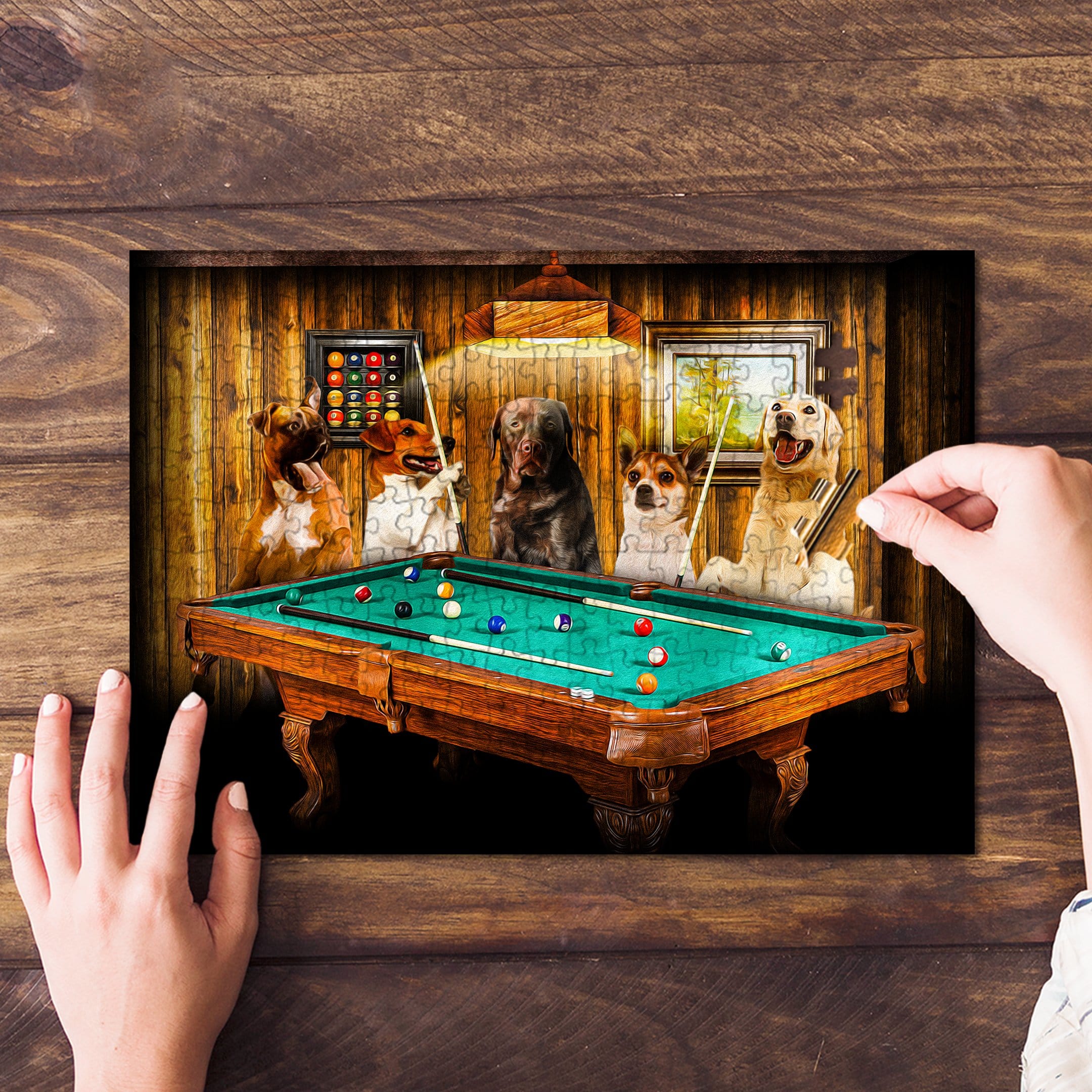 Personalized 5-pet puzzle featuring dogs playing pool in a custom portrait style.