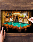 Personalized 5-pet puzzle featuring dogs playing pool in a custom portrait style.