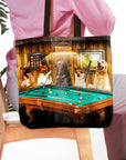 Personalized 5-pet tote bag with dogs playing pool in a renaissance portrait style.