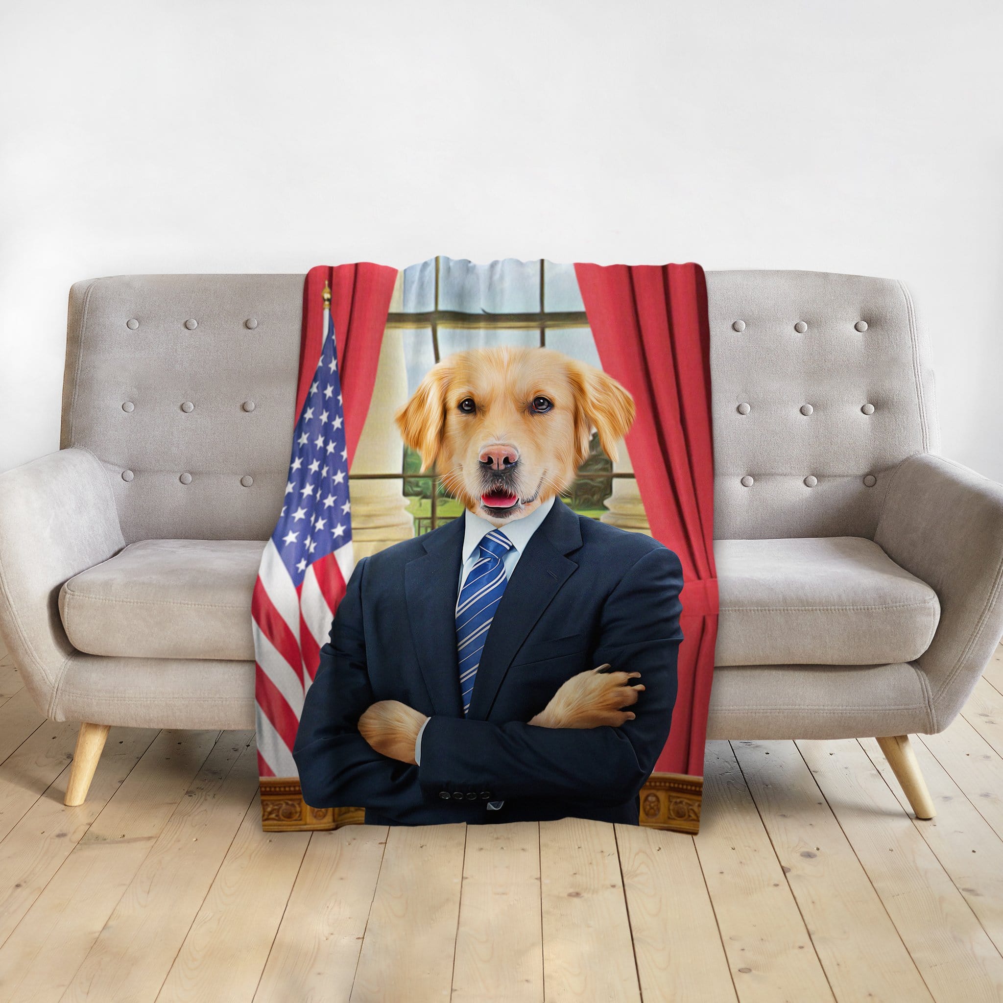 Personalized pet blanket with a golden retriever in a suit, standing in front of the White House.