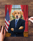 Personalized pet puzzle featuring a golden retriever in a suit, with an American flag and red curtains.