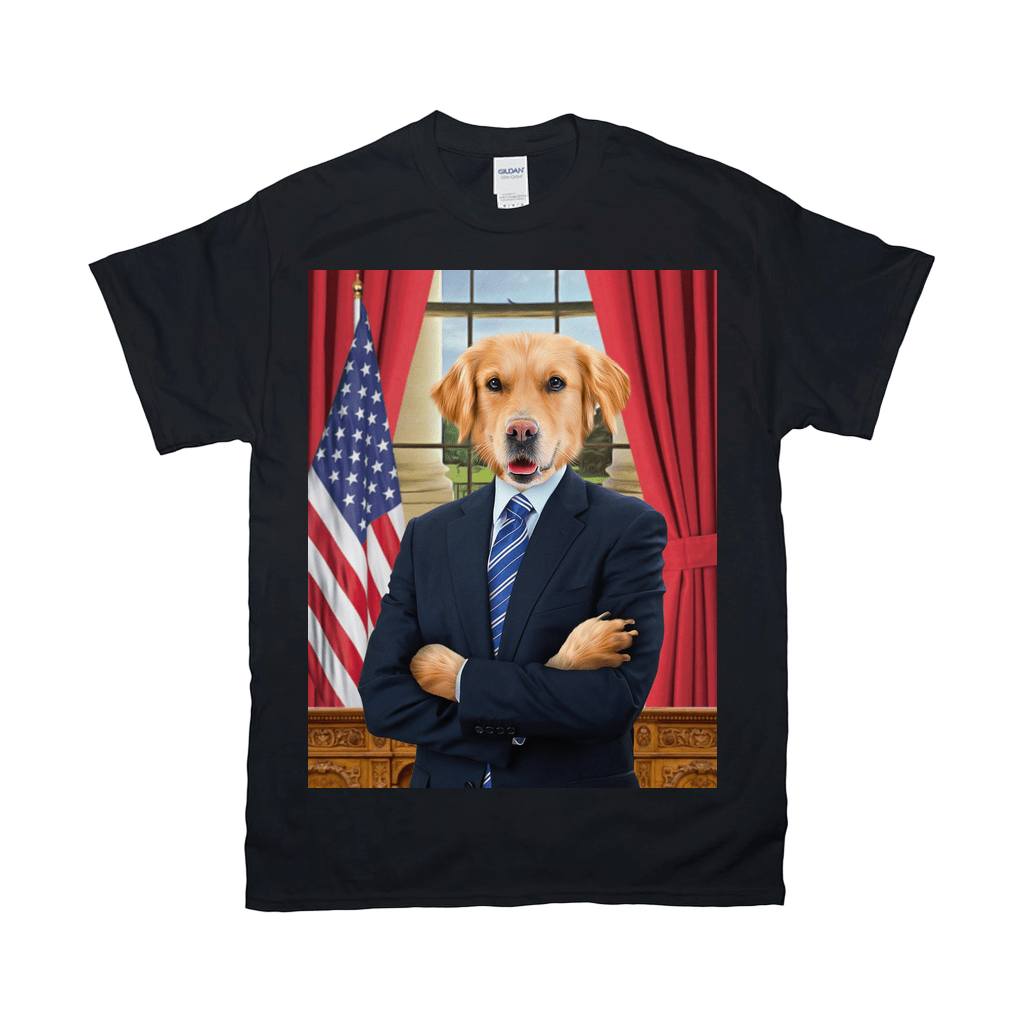 Black Gildan t-shirt with a Golden Retriever's head on a suit-wearing body in an Oval Office setting.